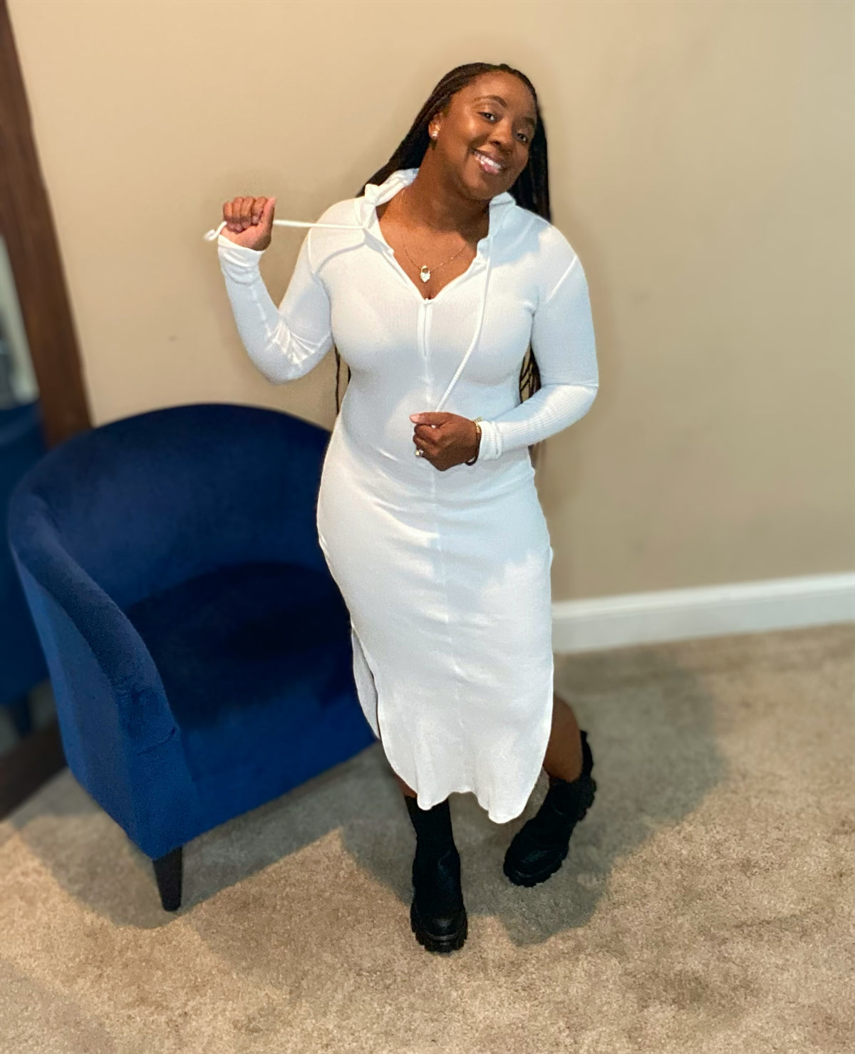 Ribbed Hoodie Dress White